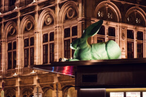 The iconic rabbit sculpture atop Bitzinger Würstelstand, adding a nice touch to this Viennese favorite.