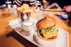 The Wagyu burger served at Figls restaurant offers a rich and flavorful dining experience.