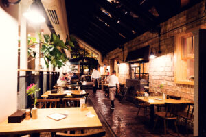 Cozy dining area inside Figls restaurant in Vienna.