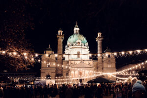 The St. Charles Church (Karlskirche) during Christmas market season.