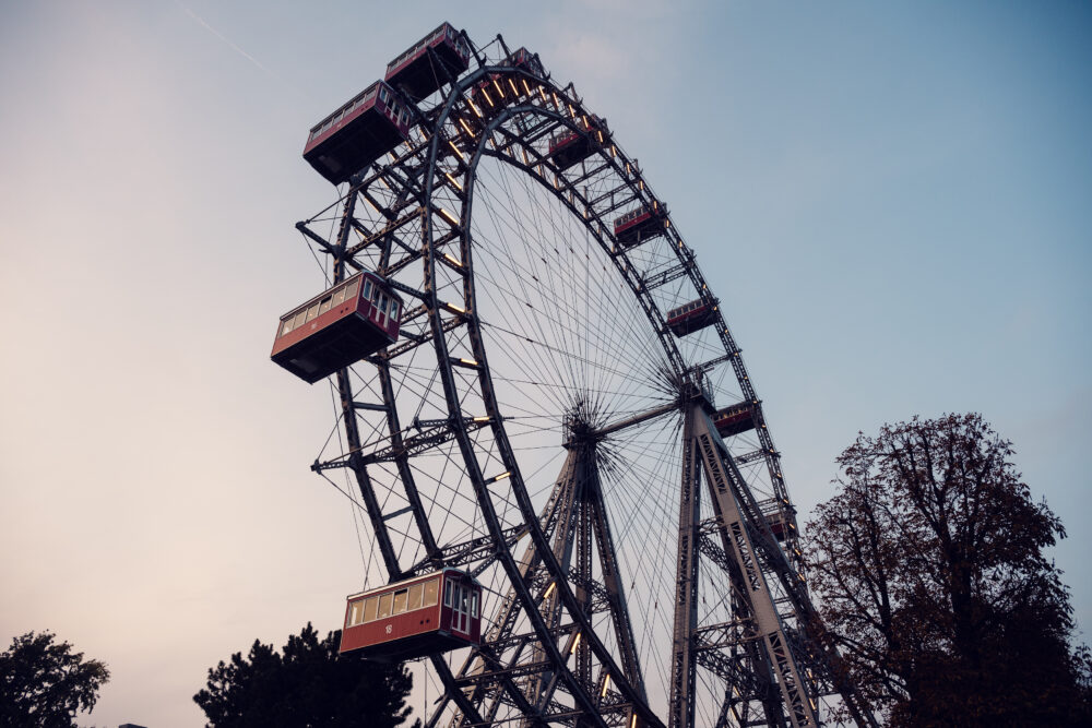 Historic Vienna Giant Ferris Wheel standing tall against a clear blue sky, a symbol of Prater's charm.