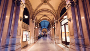 Shop windows and passageway inside the Ferstel Passage in Vienna.
