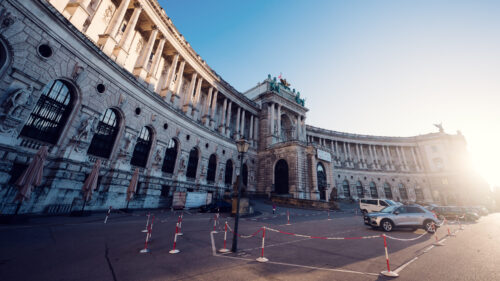 Grand entrance of the Österreichische Nationalbibliothek with its ornate architectural details.