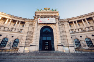 Elegant entrance of the Austrian National Library at Heldenplatz.