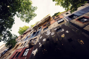 Hidden angles of Hundertwasserhaus revealing unexpected color combinations and architectural details.