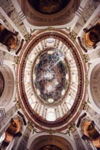 The stunning domed ceiling of St. Charles Church (Karlskirche) in Vienna.
