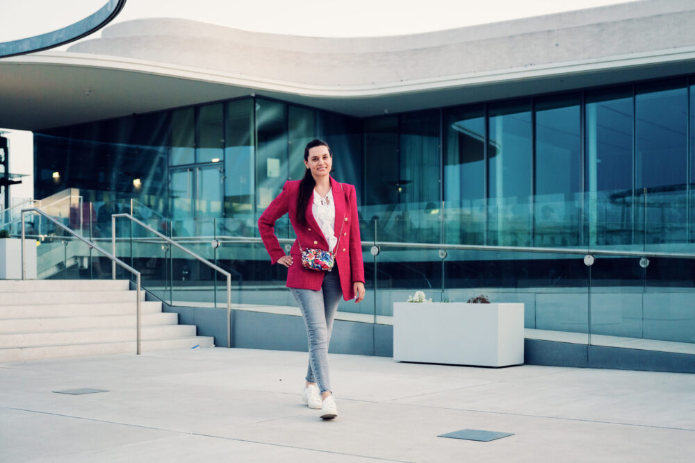 Portrait of Adriana at MQ Libelle Vienna showcasing contemporary design and urban photography location.