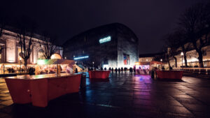 Geometric patterns of MUMOK's facade creating dramatic architectural statements.