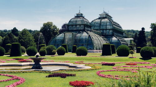 Stunning panoramic view of Schönbrunn's Palm House rising majestically behind a vibrant carpet of seasonal blooms.