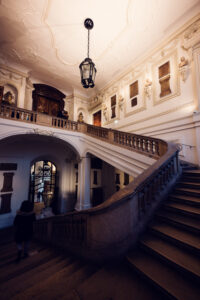 Curved staircases inside the Prunksaal of the Austrian National Library.