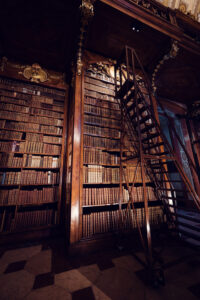 Endless rows of historic leather-bound books in the Prunksaal.