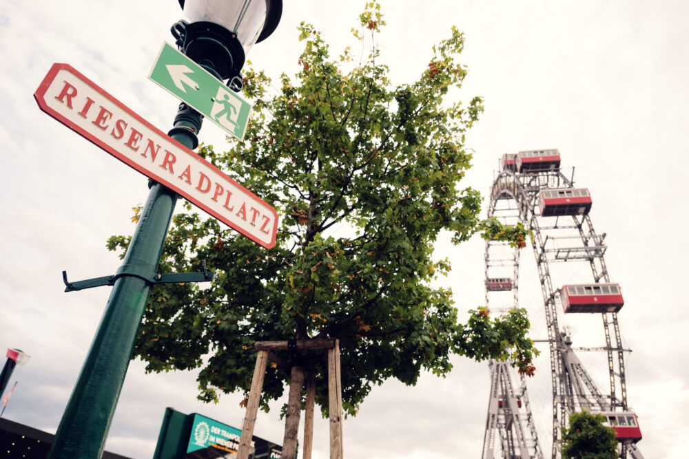 The iconic Giant Ferris Wheel (Wiener Riesenrad) bathed in soft afternoon light, its historic structure creating perfect symmetry against a pastel Viennese sky.
