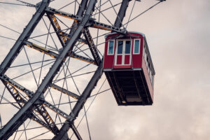 Detail shot of the Giant Ferris Wheel's (Wiener Riesenrad) historic cabin design and metalwork.