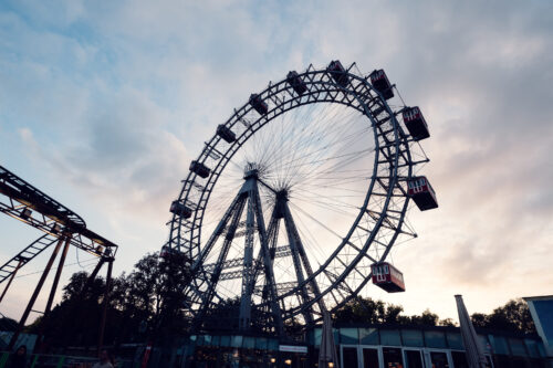 Silhouette of the Giant Ferris Wheel (Wiener Riesenrad) towering over Prater.