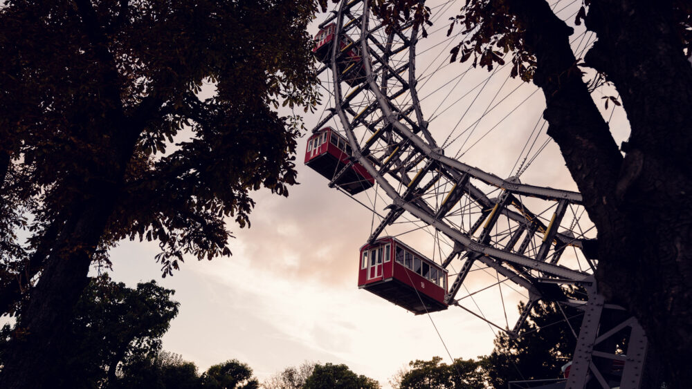 Giant Ferris Wheel (Wiener Riesenrad) with its historic steel structure at golden hour.