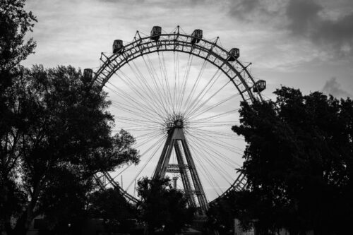 Symmetrical composition of the Giant Ferris Wheel´s (Wiener Riesenrad) massive wheel structure.