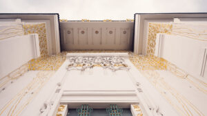 Detail of the ornate entrance to the Vienna Secession Building showing Art Nouveau decorative elements and metalwork.