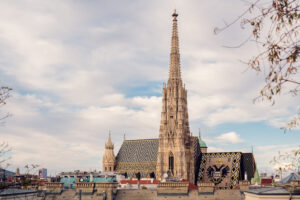 Close-up view of St. Stephen's Cathedral from Sky Bar and Roofgarden at Steffl.