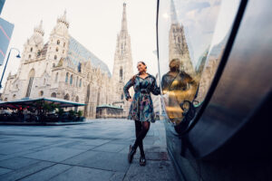 Portrait in front of St. Stephen's Cathedral with its Gothic stone facade.