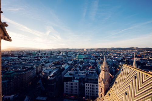 Panoramic view of Vienna from the St. Stephen's Cathedral South Tower viewing platform.