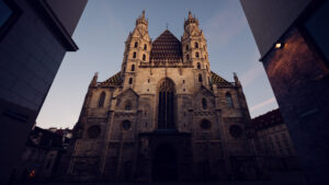 Morning light on the carved stone facade of St. Stephen's Cathedral.