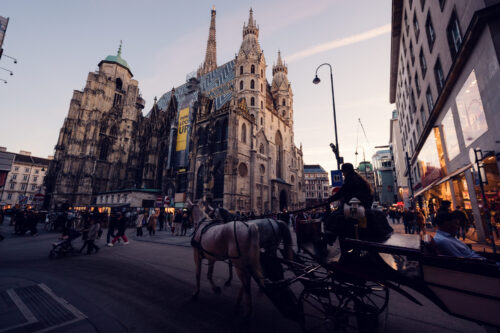 St. Stephen's Cathedral North Tower's Renaissance architecture against blue skies.