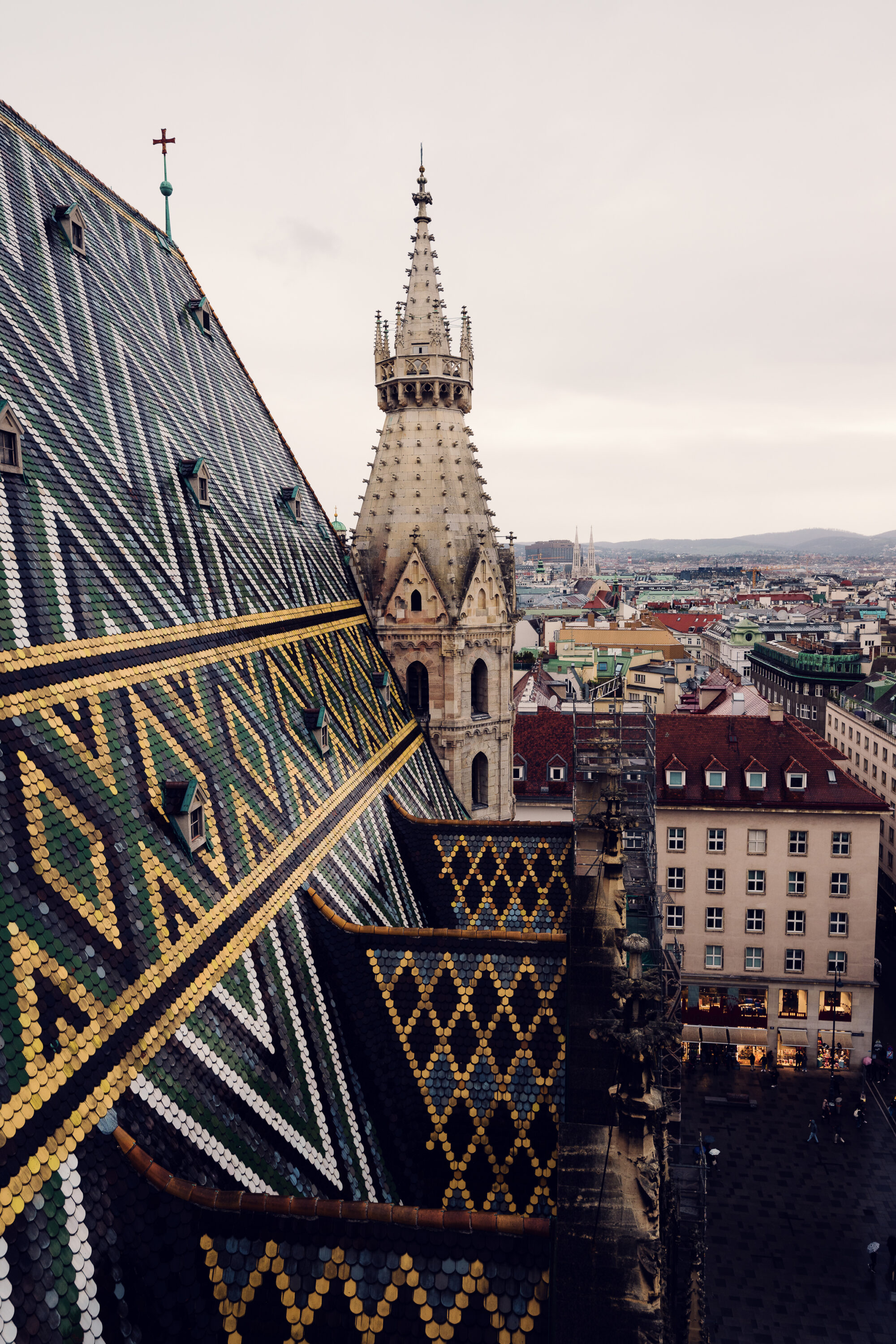 St. Stephen's Cathedral tiled roof against Vienna's skyline.