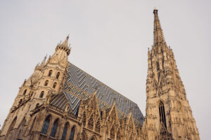 The South Tower of St. Stephen's Cathedral soaring into Vienna's sky.
