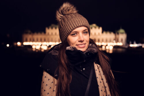 Adriana in winter posing in front of the beautiful Belvedere Castle.