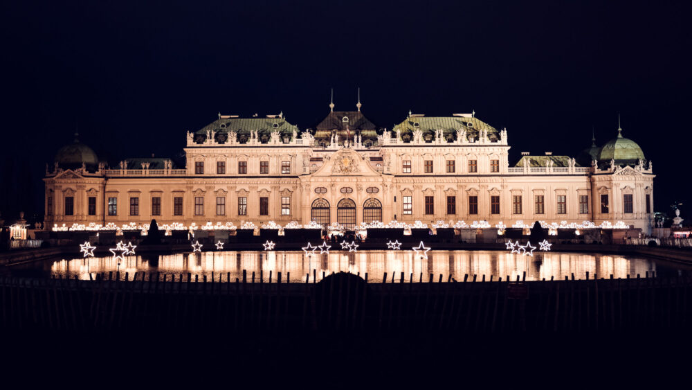 Water features and reflection pools creating mirror images of the Belvedere Castle.