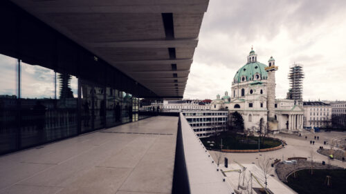 Terrace of the Wien Museum with a panoramic view of the Karlskirche.