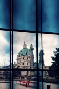 Karlskirche as seen from the lobby of The Wien Museum.