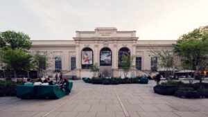 Architectural details of historic facade at MuseumsQuartier meeting contemporary design elements.
