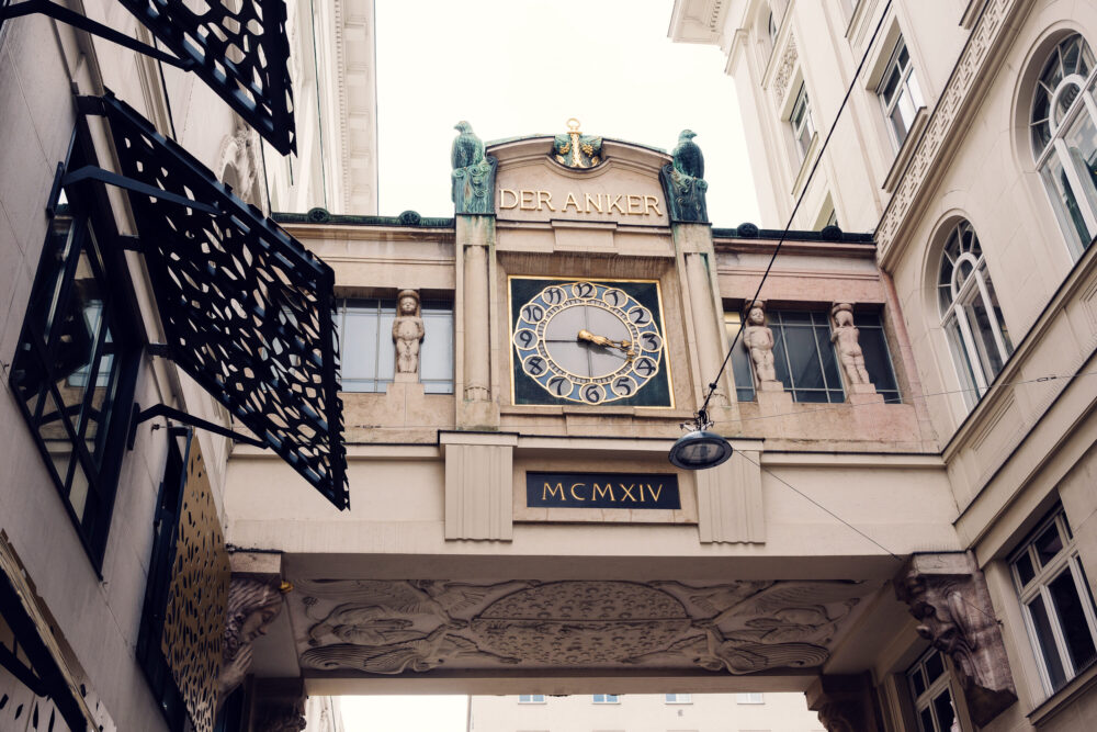 Intricate rear view of Anker Clock at Hoher Markt.