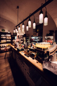 Austrian wines and regional delicacies on display at the Mayer am Pfarrplatz shop.