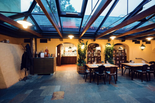 Tree-lined terrace at Heuriger Mayer am Pfarrplatz with tables set for wine tasting.
