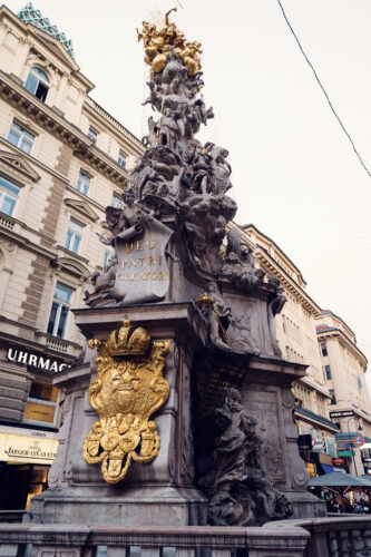 The coats of arms on the Pestsäule represent the Habsburg Monarchy and emphasize the emperor’s role as a ruler chosen by God.