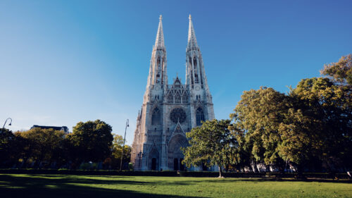 Detailed view of Votivkirche Vienna showing the neo-Gothic tracery and pointed arches.