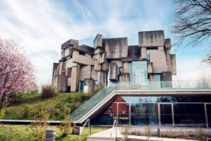 Exterior of Wotrubakirche in Vienna, built from stacked concrete blocks.