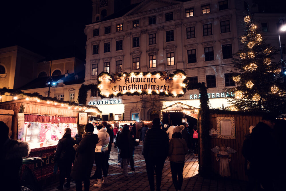 Handcrafted ornaments and seasonal treats at the Freyung Christmas market, capturing the spirit of Vienna's holiday season.