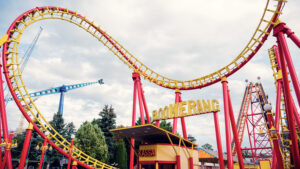 Roller coaster at Prater Vienna, thrilling amusement park ride with steel track and high-speed attraction in historic Wiener Prater entertainment district.
