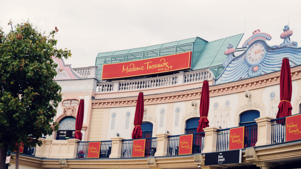 Madame Tussauds Vienna wax museum at Prater, celebrity wax figure attraction with the museum facade in the Wiener Prater.