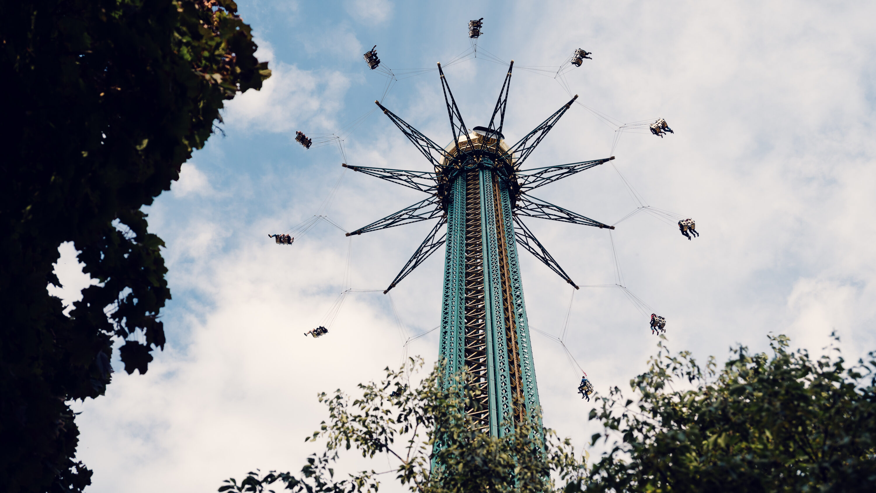 Prater Tower carousel Vienna, tall rotating ride with elevated gondolas and views over Vienna in the Wiener Prater.