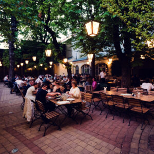 Clients attablés dans le jardin ombragé du Brandauer's Schlossbräu.