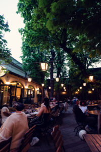 Guests sitting under lantern-lit trees in the courtyard garden at Brandauer's Schlossbräu.