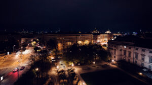 Vista dalla terrazza del Der Dachboden sul panorama di Vienna.