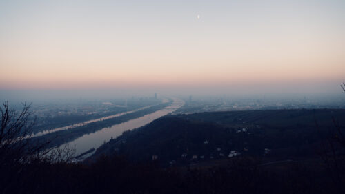 Dramatic sunset over Danube River from Leopoldsberg.