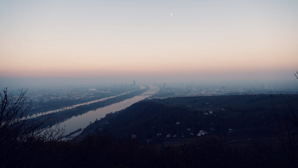 Dramatic sunset over Danube River from Leopoldsberg.
