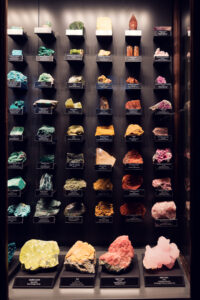 Colección de minerales en el Museo de Historia Natural de Viena con especímenes de gemas multicolores.