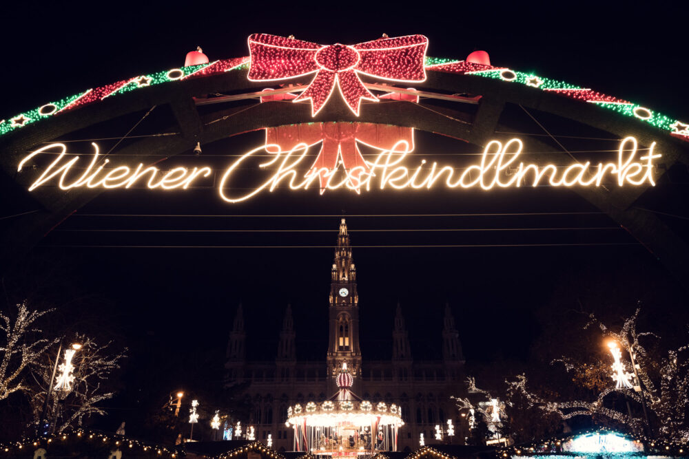 Vienna City Hall (Rathaus) Christmas Market with its famous illuminated heart archway entrance.